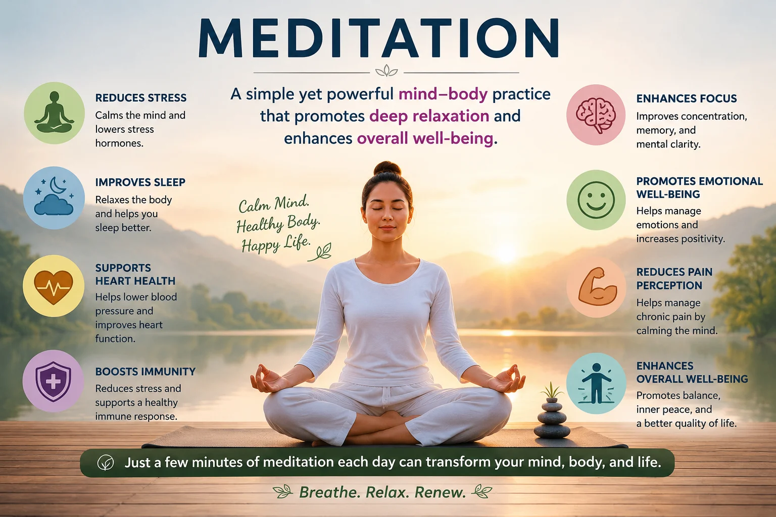 Meditation promotes relaxation and supports better mental and physical well being.